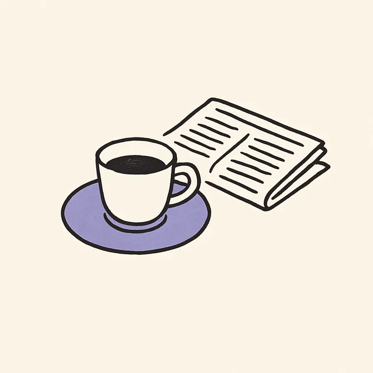 An espresso cup beside a folded newspaper