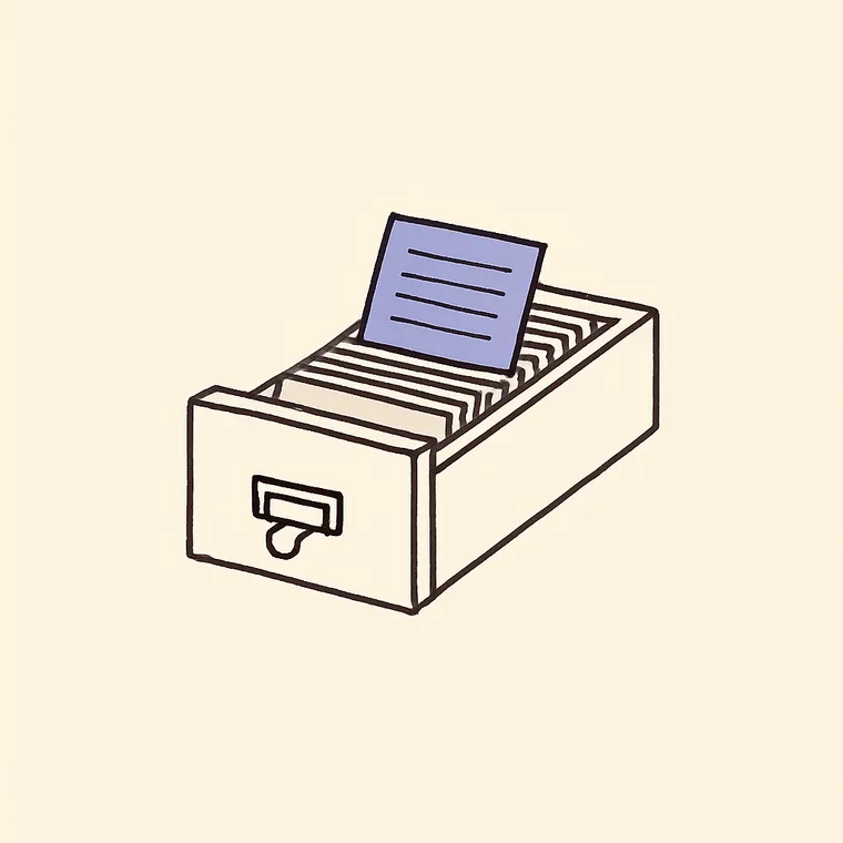 A card-catalogue drawer with one card raised